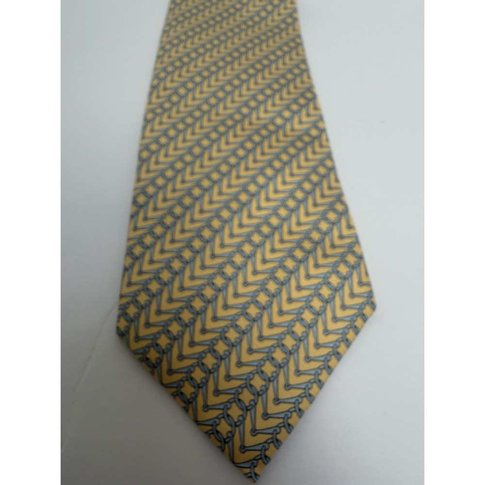 Hermes 100% Silk Equestrian‎ Tie Style #5262 SA Chains Yellow and Blue 61 inches